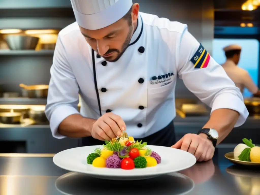 Un chef habilidoso prepara una exquisita creación en la cocina en vivo de un crucero de lujo