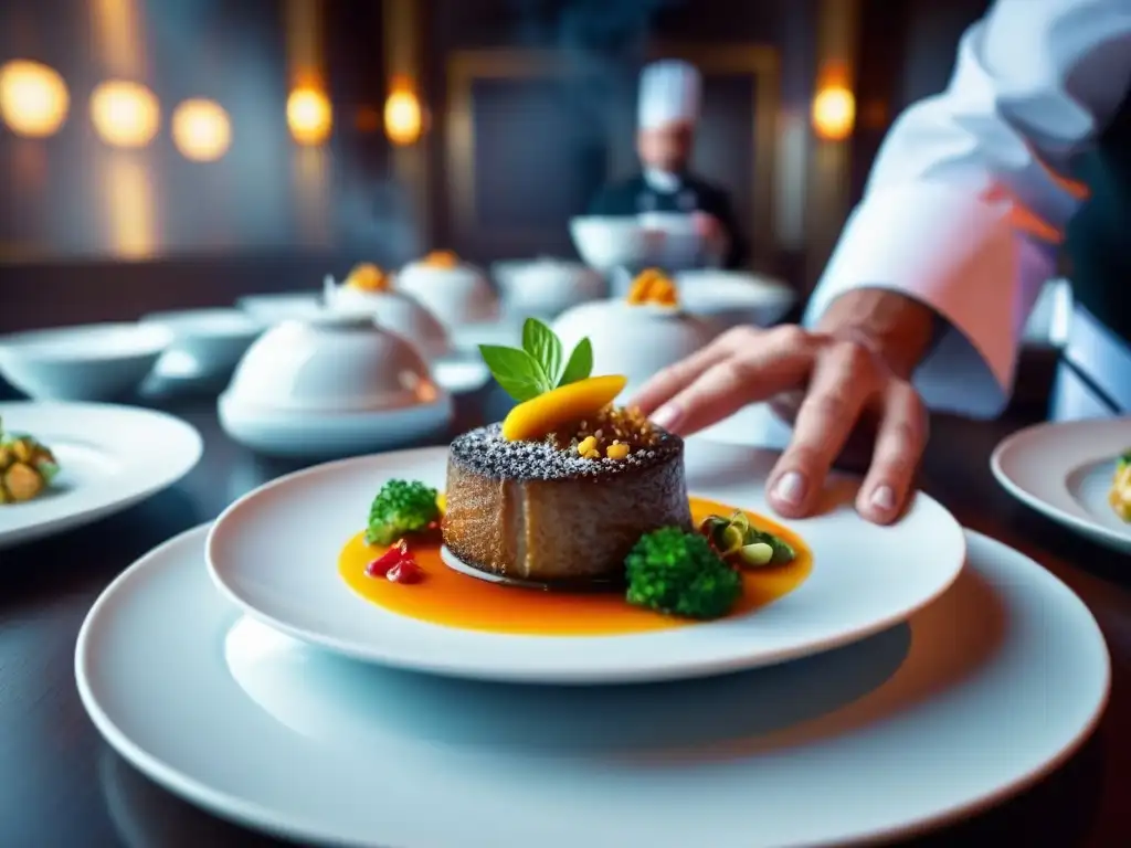 Chef preparando menú de crucero internacionalmente inspirado con cuidado y arte en elegantes platos blancos