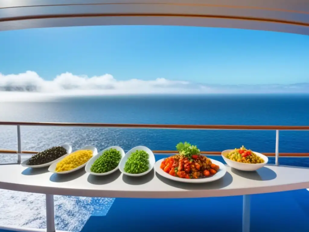 Un chef prepara menús veganos en cruceros marítimos, a bordo de un elegante barco surcando aguas tranquilas bajo un cielo azul claro