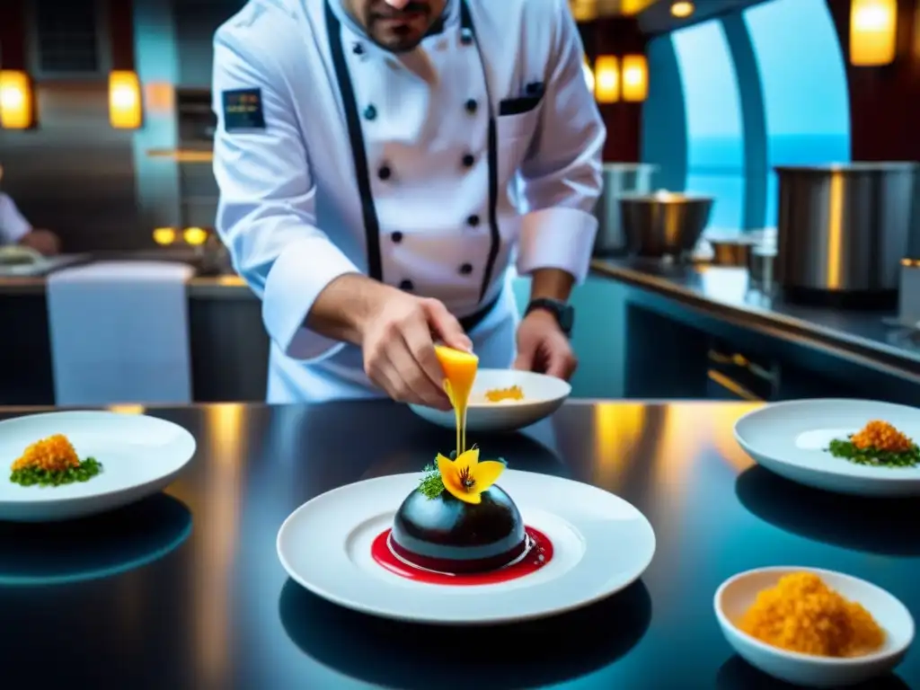 Un chef meticuloso prepara una obra gastronómica en un crucero de lujo