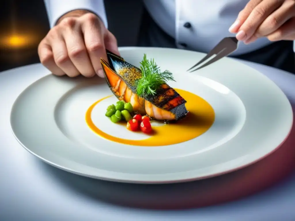 Un chef meticuloso preparando un plato de mariscos en un crucero de lujo, destacando las técnicas culinarias vanguardia