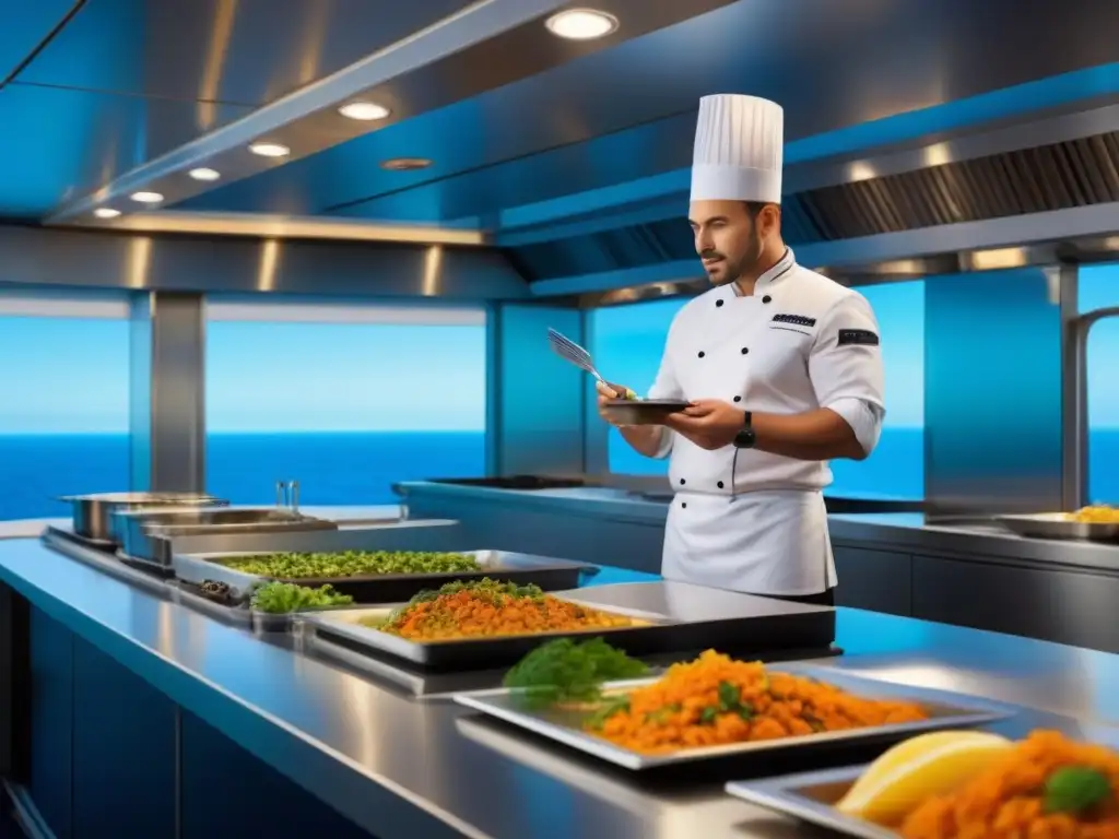 Un chef preparando un platillo en una cocina en vivo en crucero, con público atento y ambiente sofisticado