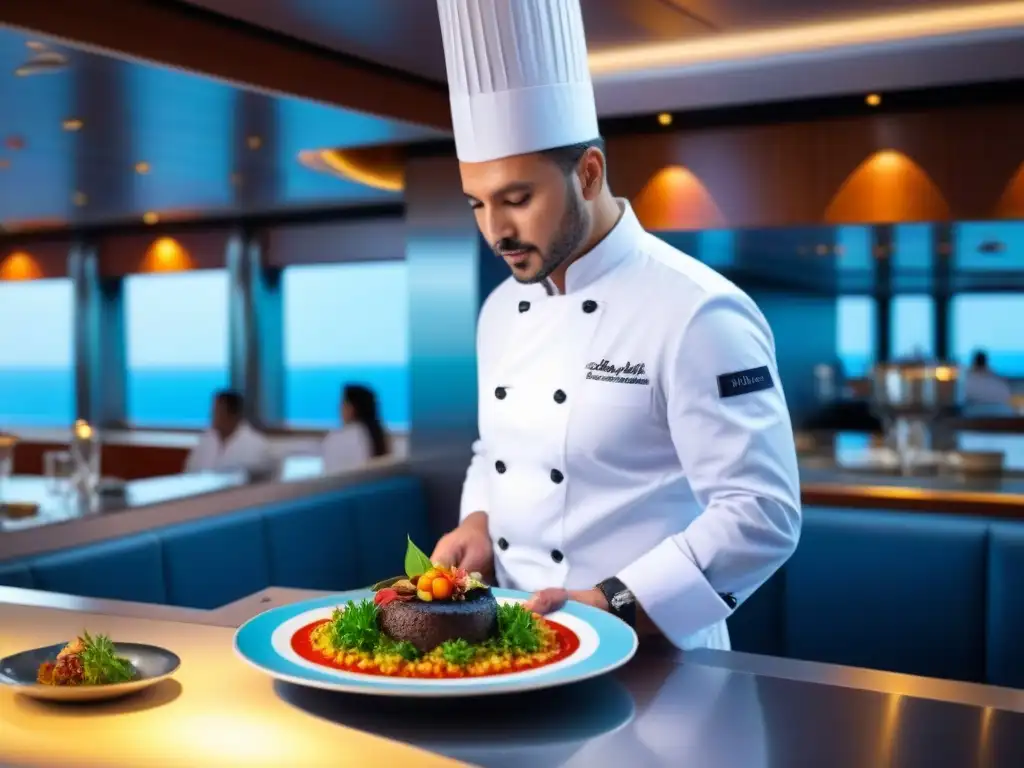 Chef preparando plato autóctono en crucucero, fusionando sabores tradicionales con innovación culinaria