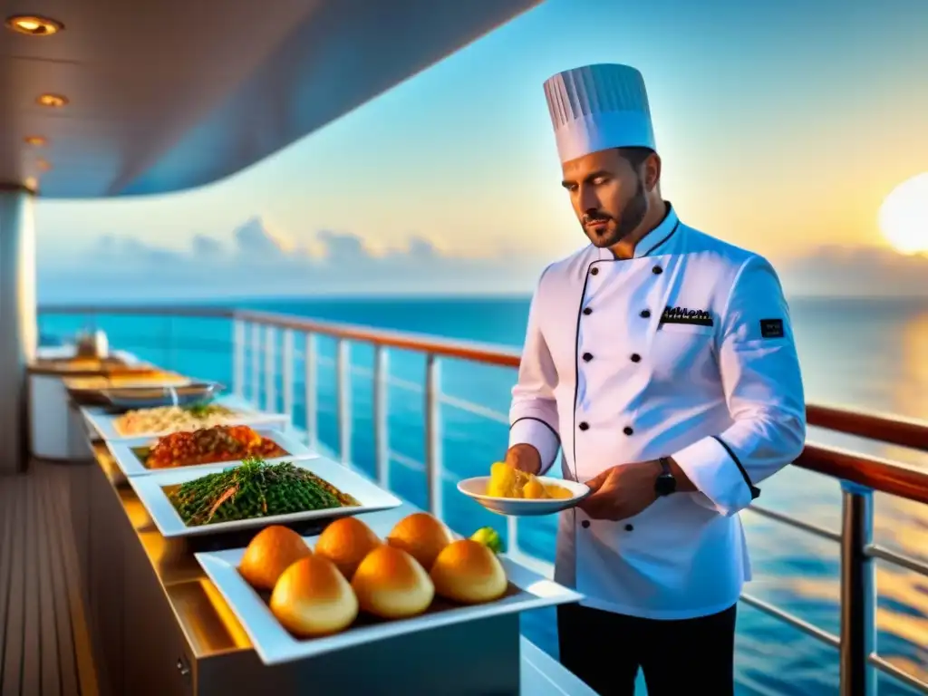 Chef preparando plato en crucero de lujo, destacado por el mar