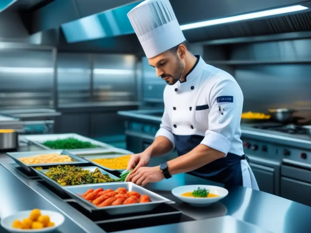 Un chef prepara un plato gourmet en una elegante cocina de crucero, reflejando sofisticación y maestría culinaria a bordo