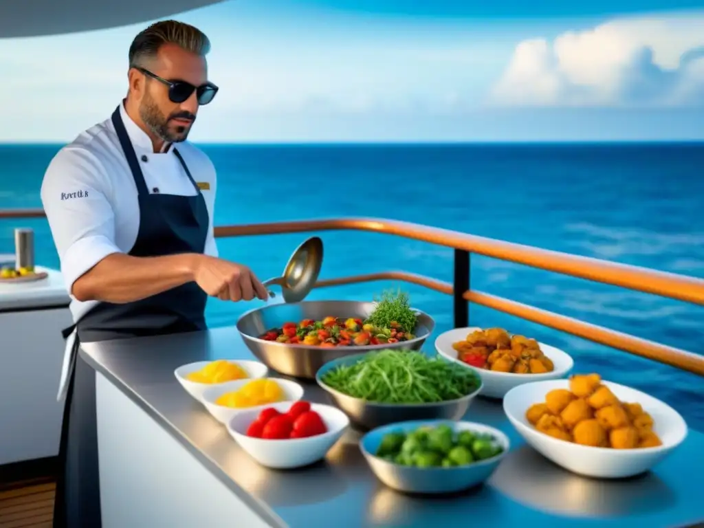 Un chef prepara un plato gourmet en un lujoso yate, con cocina en vivo en alta mar