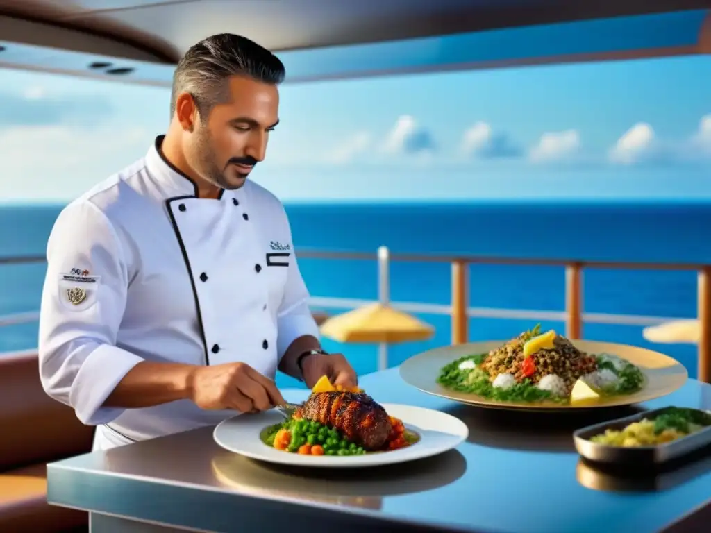 Un chef prepara plato local en crucero, con ingredientes frescos y mar maravilloso