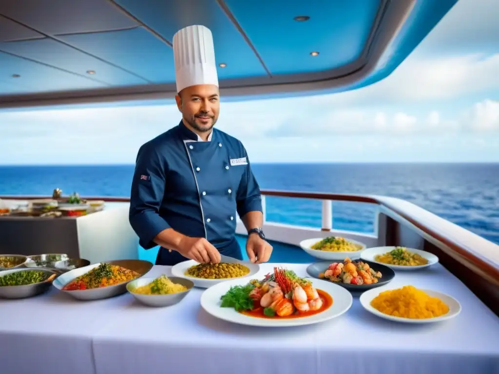 Un chef prepara un plato marino en crucero marítimo, en un escenario sereno y minimalista