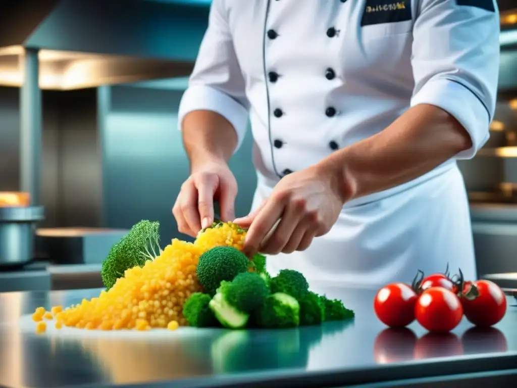 Un chef preparando un plato tradicional en un elegante crucero, fusionando gastronomía tradicional en cruceros con precisión y arte