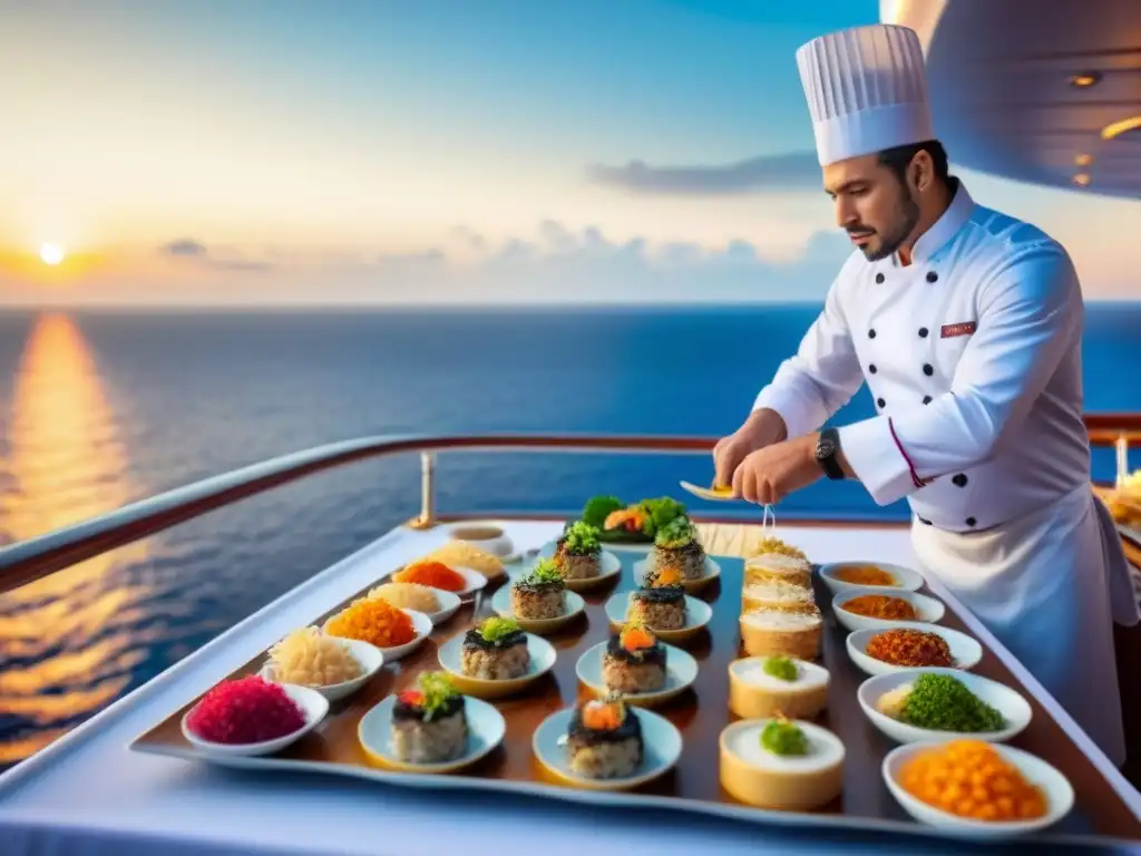 Un chef crea platos internacionales en un lujoso crucero, con sabores y colores vibrantes