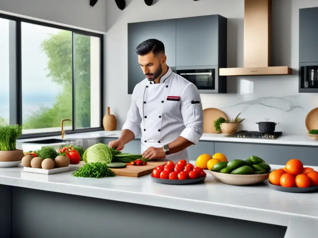 Un chef profesional corta vegetales en una cocina moderna, con ingredientes frescos