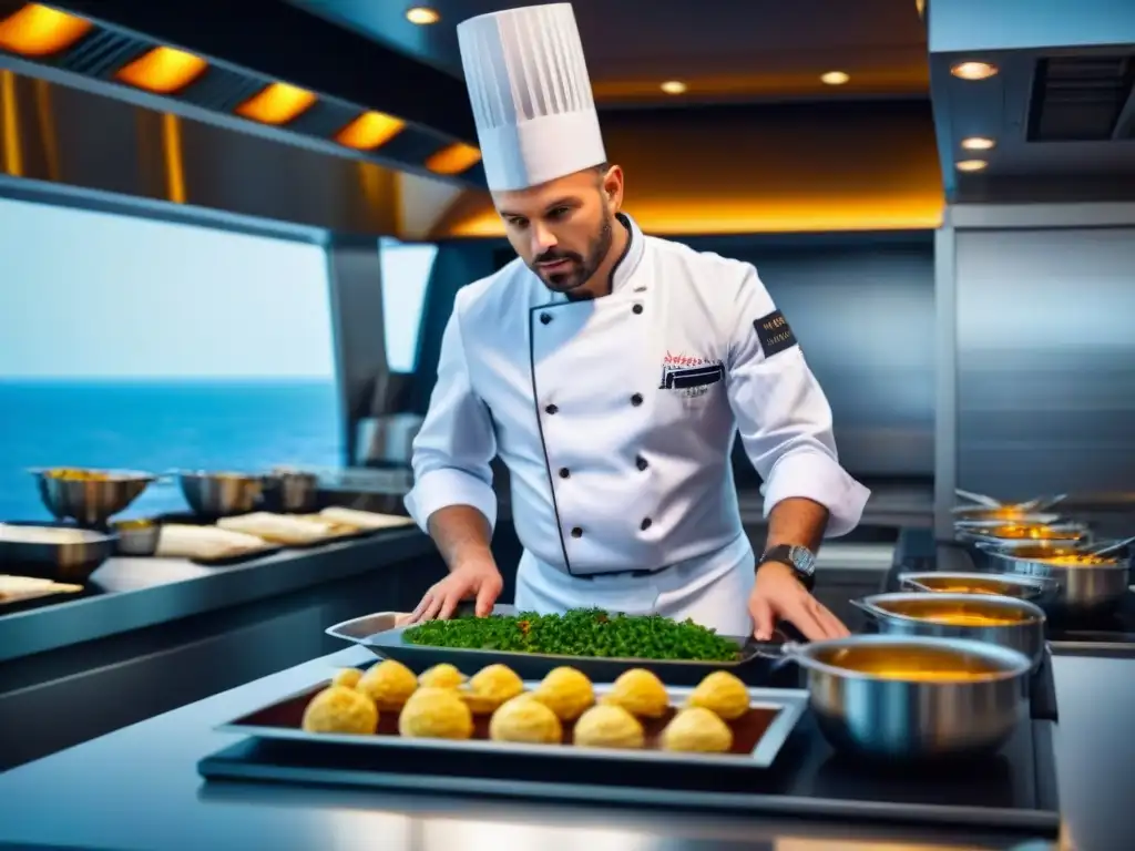 Chef profesional en un crucero, demostrando una técnica culinaria frente a una audiencia cautivada en una cocina moderna y minimalista