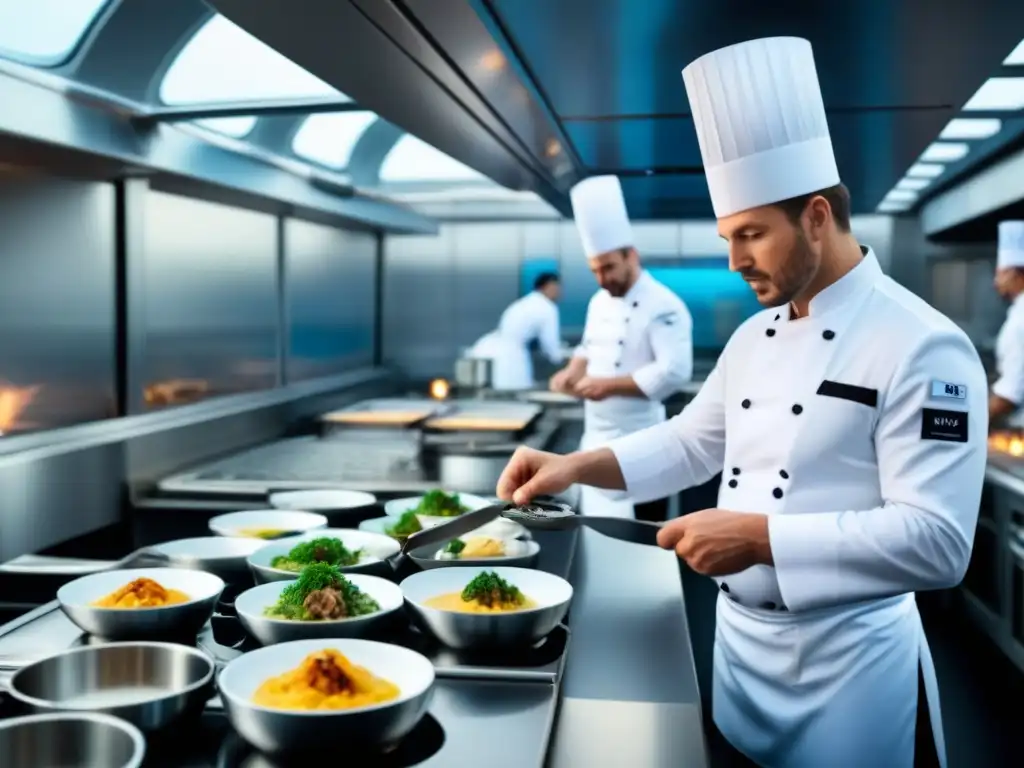 Un chef profesional prepara plato en cocina de crucero turístico