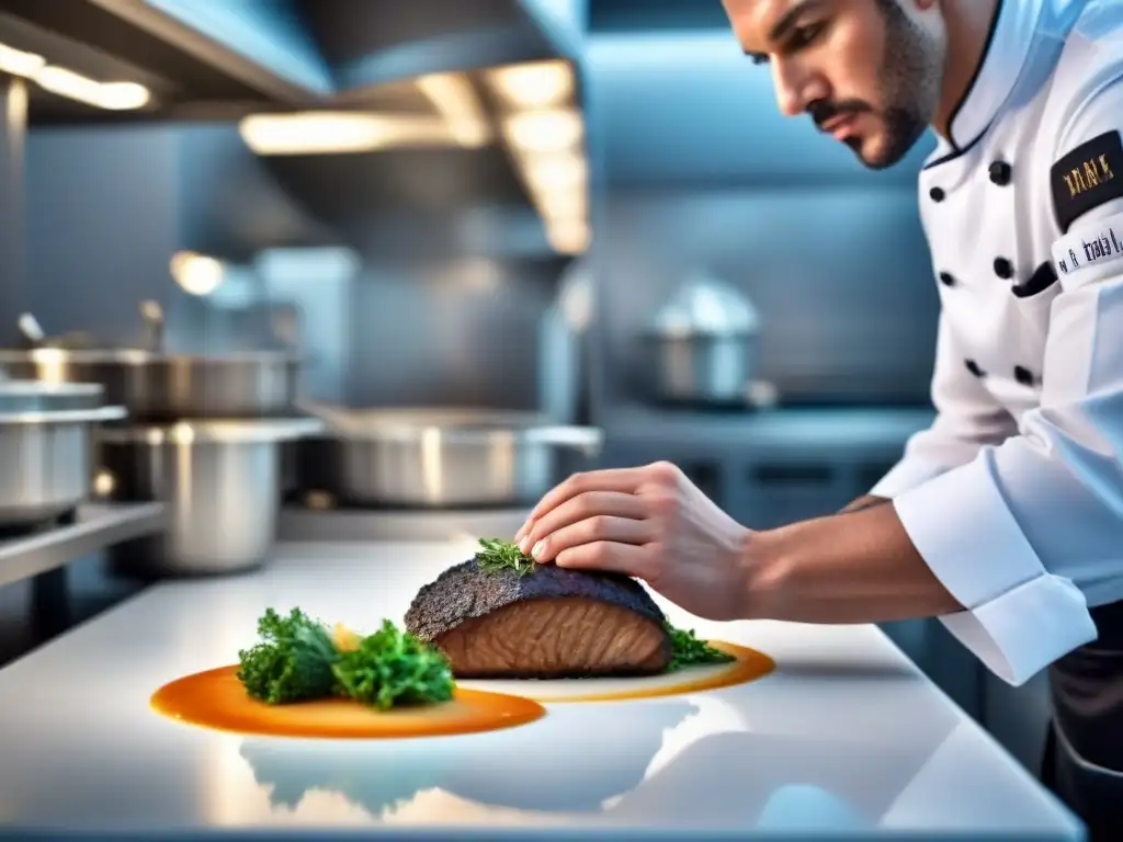 Un chef renombrado en un crucero marítimo preparando una exquisita obra culinaria con precisión y creatividad