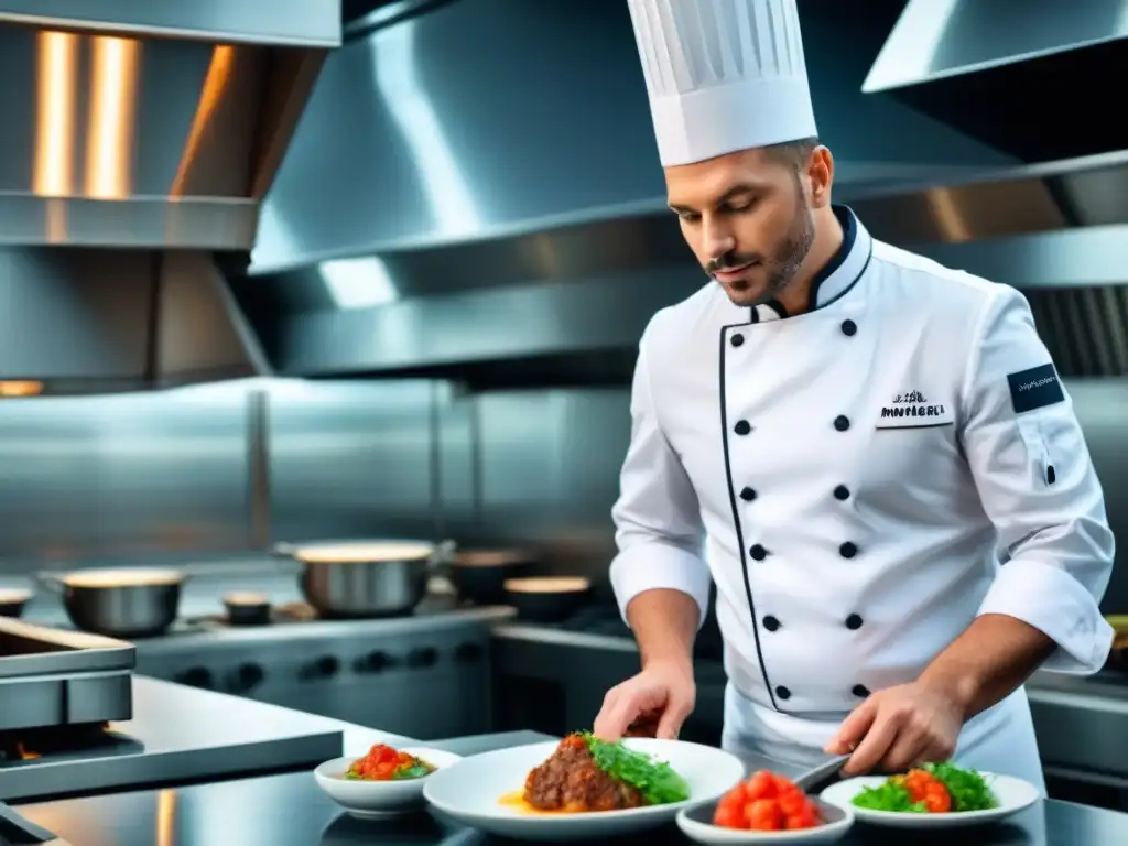 Chef renombrado en crucero marítimo preparando exquisito platillo gourmet en cocina moderna