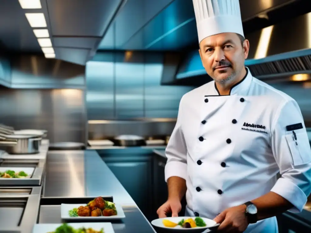 Un chef renombrado en un elegante crucero marítimo, concentrado en plating exquisito, rodeado de acero inoxidable brillante