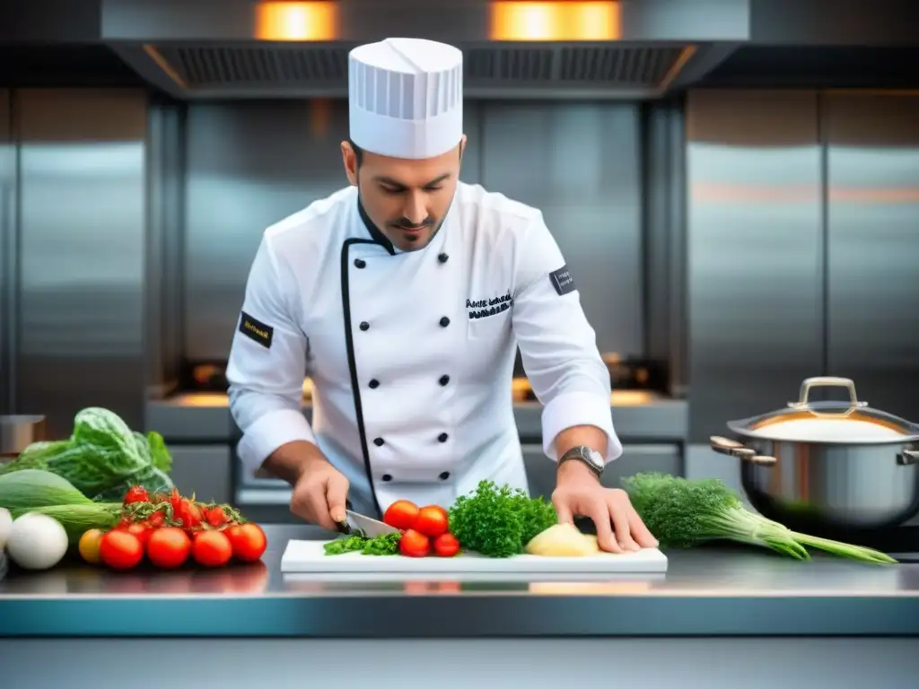 Un chef renombrado prepara un plato gourmet en la cocina de un crucero, en un ambiente sofisticado y acogedor