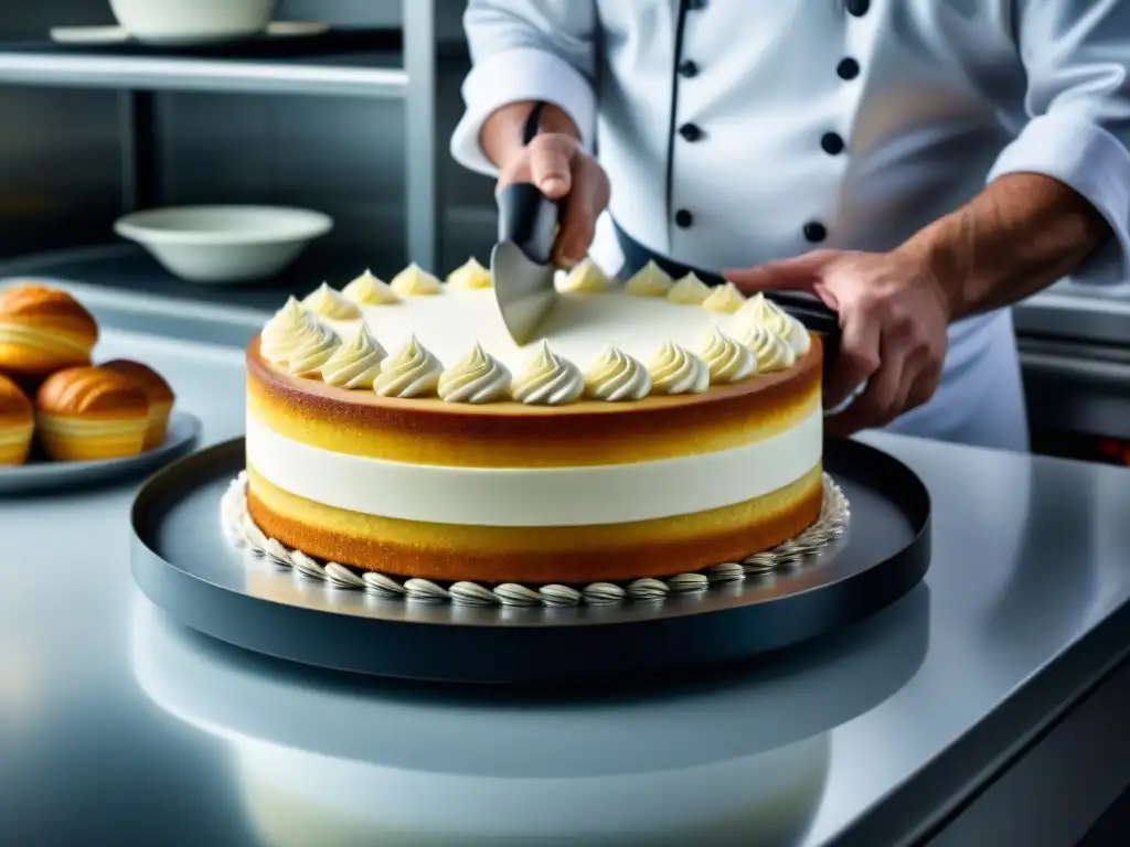 Chef pastelero experto decorando tarta de boda Un chef de repostería en un crucero decorando una elegante tarta de bodas en una cocina blanca impecable