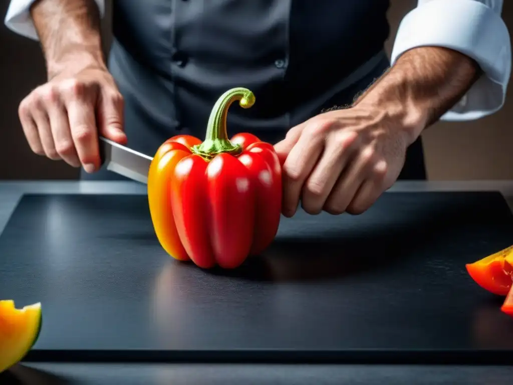 Un chef cortando bell pepper rojo sobre tabla negra, destreza y precisión bajo la luz suave