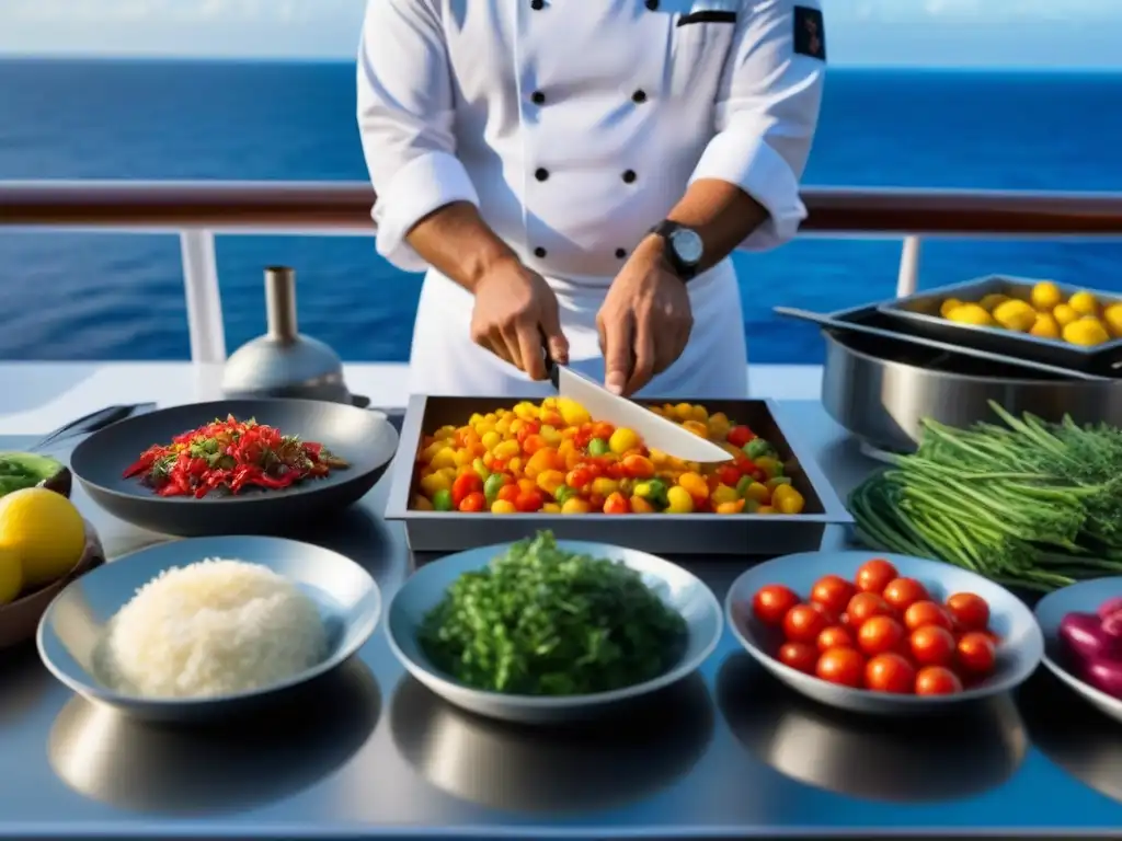 Un chef realiza show cooking en crucero turístico, cortando vegetales frescos con precisión y destreza