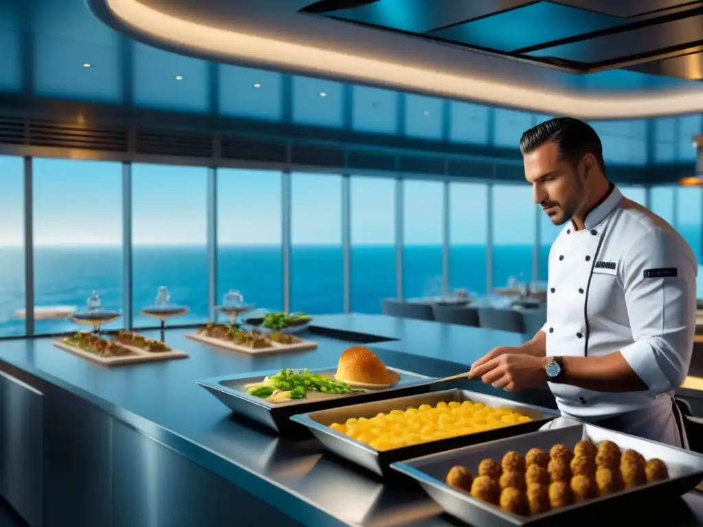 Chefs preparan platos en un moderno cocina de crucero durante showcookings marítimos exclusivos