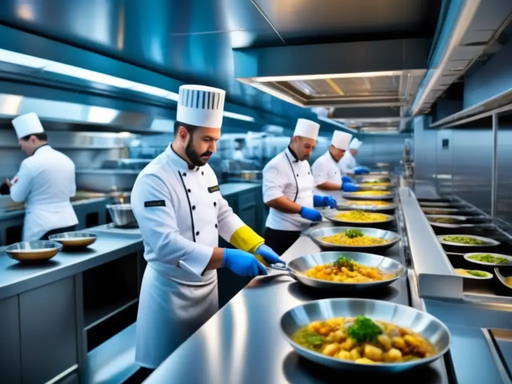 Chefs renombrados en cruceros marítimos creando delicias internacionales en una cocina moderna y organizada