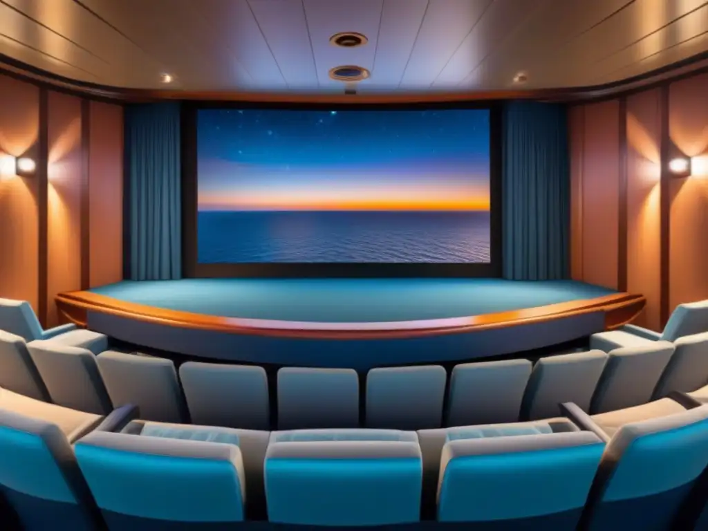 Disfruta del cine inmersivo en cruceros: una pantalla gigante iluminada en la cubierta nocturna, reflejando magia en el mar calmado