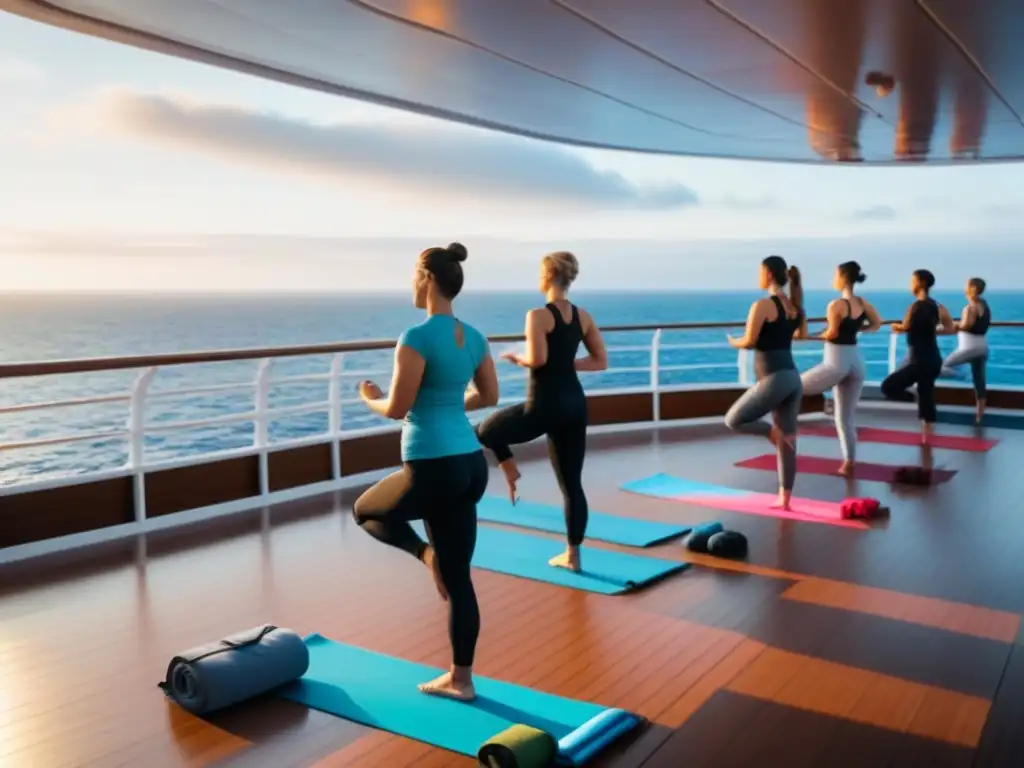 Clase de yoga en crucero para principiantes al amanecer sobre el mar tranquilo