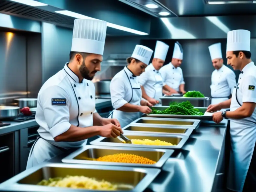 Clases de cocina en cruceros: chefs profesionales en una cocina moderna de barco de lujo