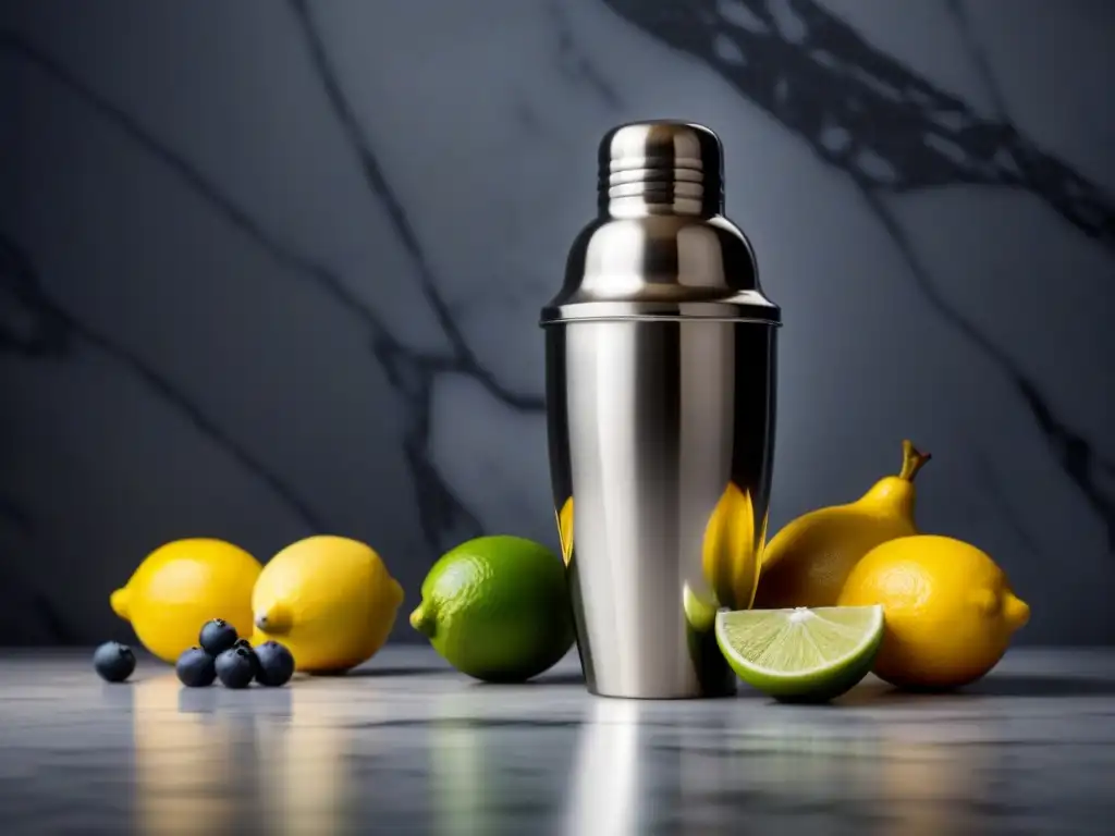 Clases de mixología en cruceros: un elegante set de coctelera sobre mármol con frutas frescas y colores vibrantes