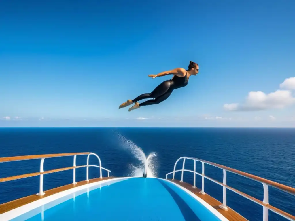 Un clavadista en pleno vuelo desde la cubierta de un lujoso crucero, destacando la elegancia y destreza de las Competencias de clavados en cruceros