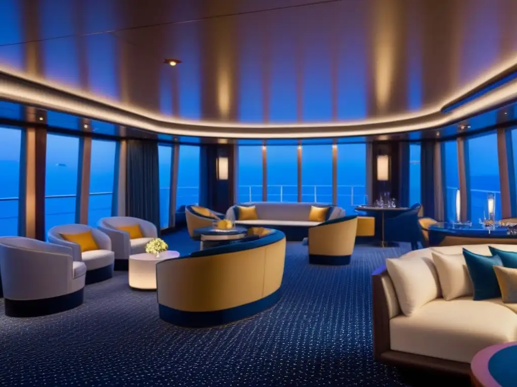 Club privado en crucero de lujo con diseño minimalista y elegante, iluminación ambiental suave y área de bar sofisticada con obras de arte modernas