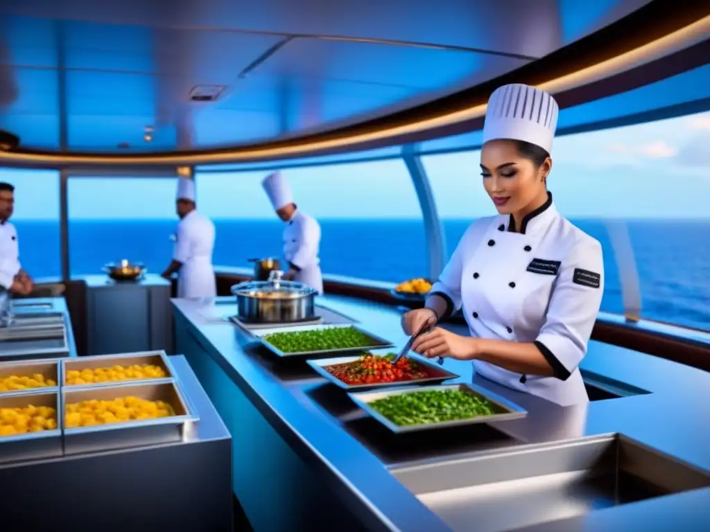 Cocina de alta tecnología en crucero de lujo, chefs innovadores preparan platos frente al mar