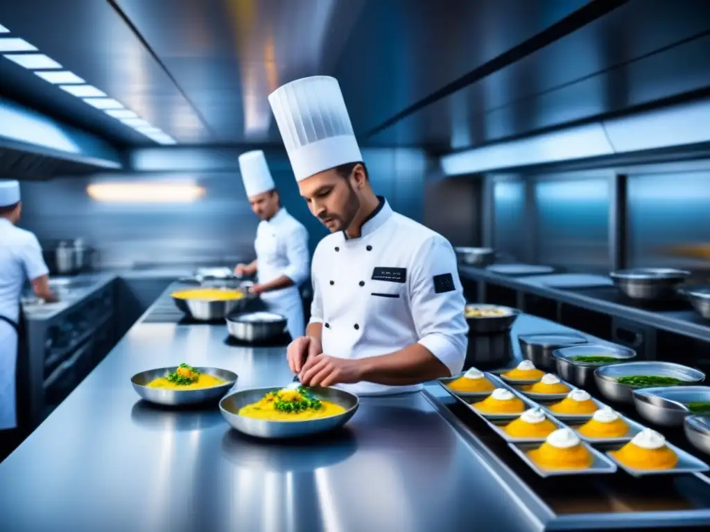 Cocina de alta tecnología en crucero: chefs innovando en alta mar con equipo moderno y elegante