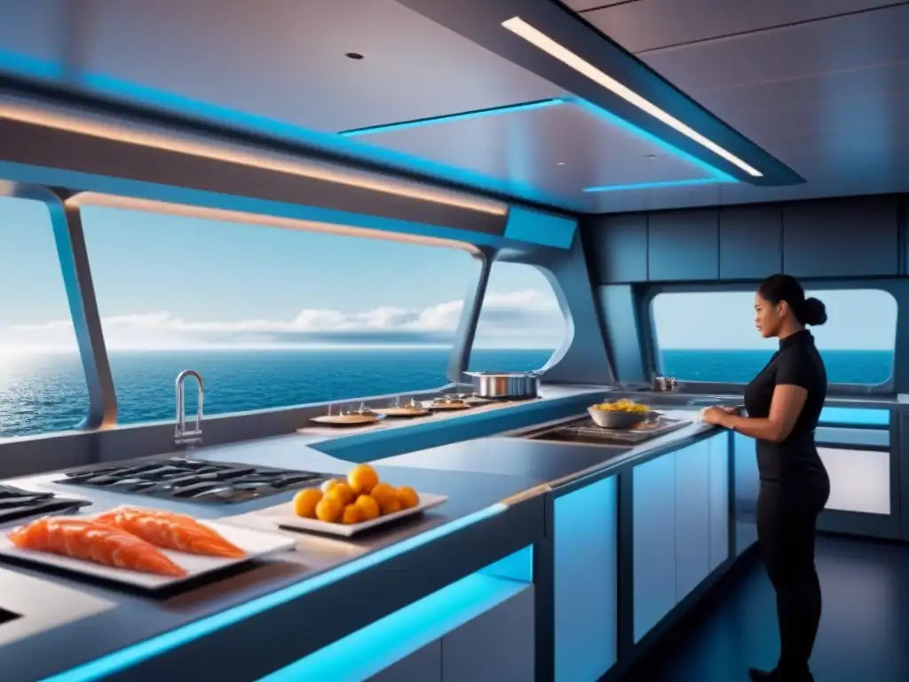 Cocina automatizada preparando platillos marinos en un barco futurista en alta mar