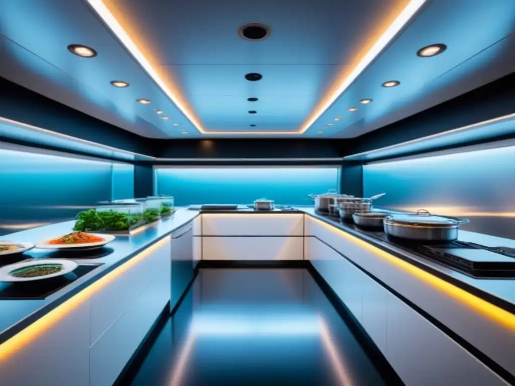 Cocina de crucero futurista con equipamiento culinario de alta tecnología