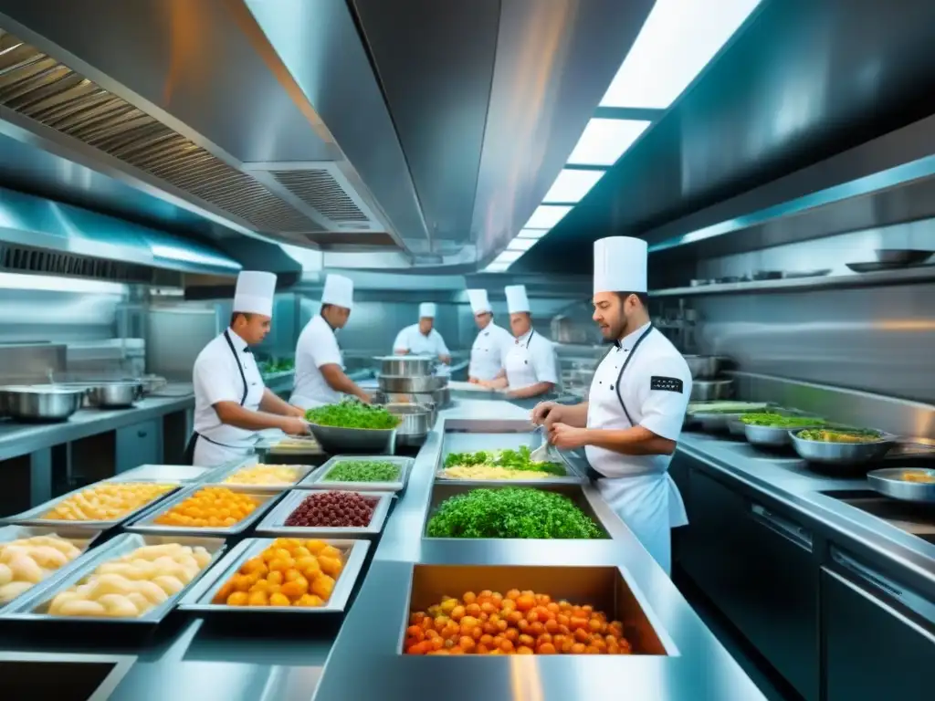 Cocina de crucero moderna y dinámica con chefs preparando exquisitos platos internacionales