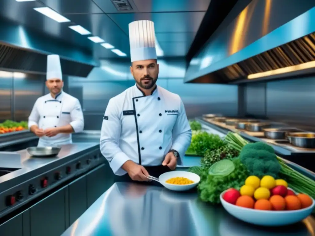 Una cocina de crucero moderna y elegante con chefs preparando platos saludables rodeados de ingredientes frescos