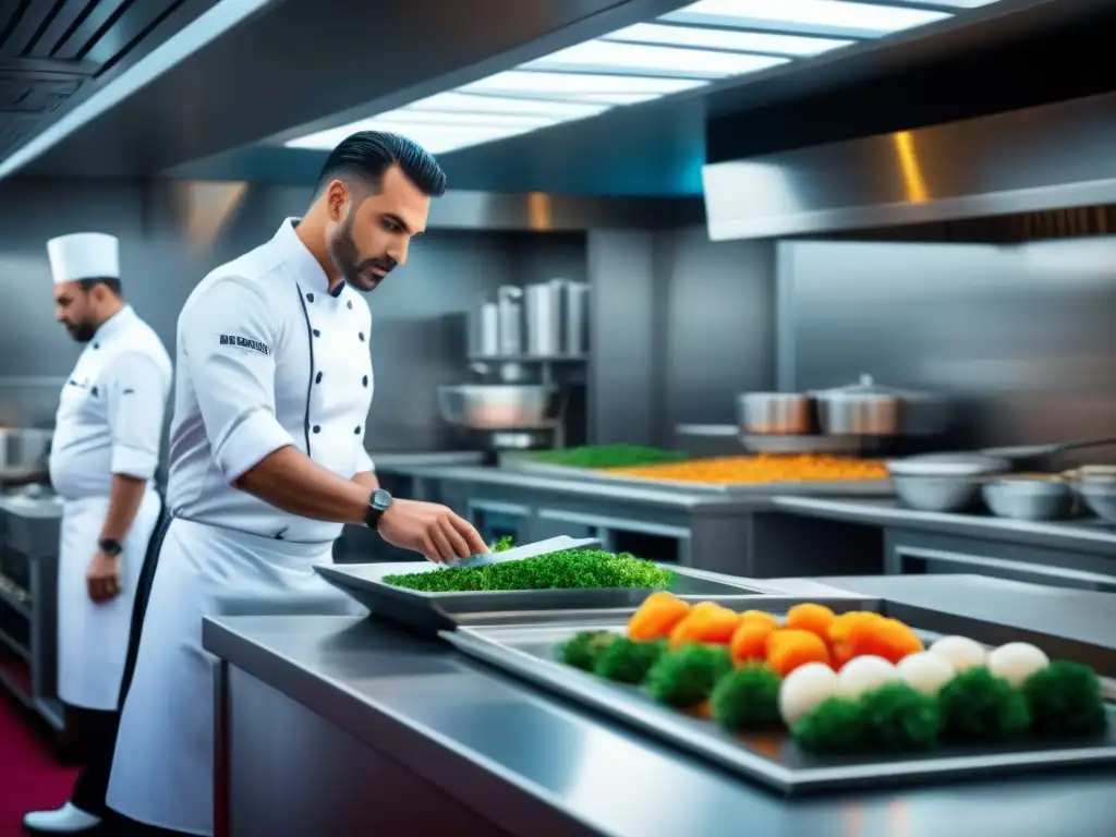 Una cocina de crucero de alta resolución con chefs preparando Gastronomía local en cruceros marítimos