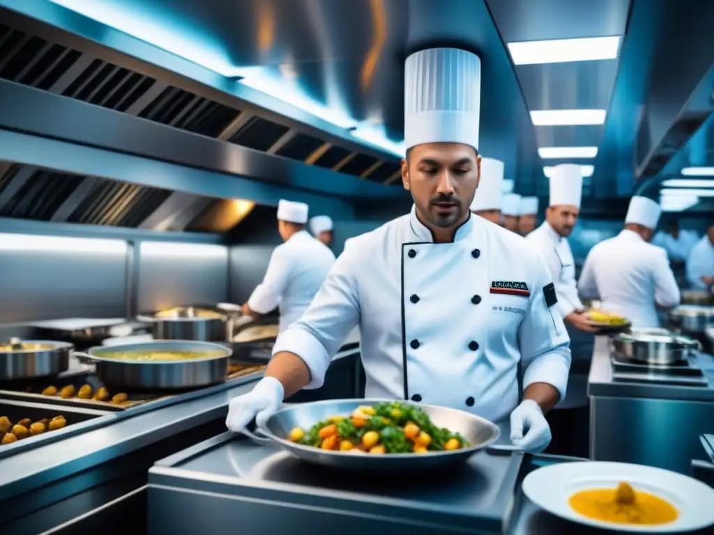 Innovación gastronomía cruceros alta mar: Cocina de crucero ultramoderna, chefs preparando platos innovadores con tecnología de vanguardia