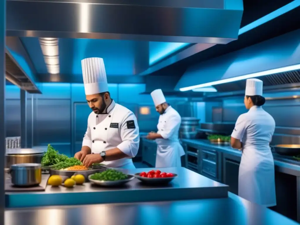 Cocina fusión en cruceros marítimos: Chefs de diversas culturas trabajan armoniosamente en una moderna cocina de crucero