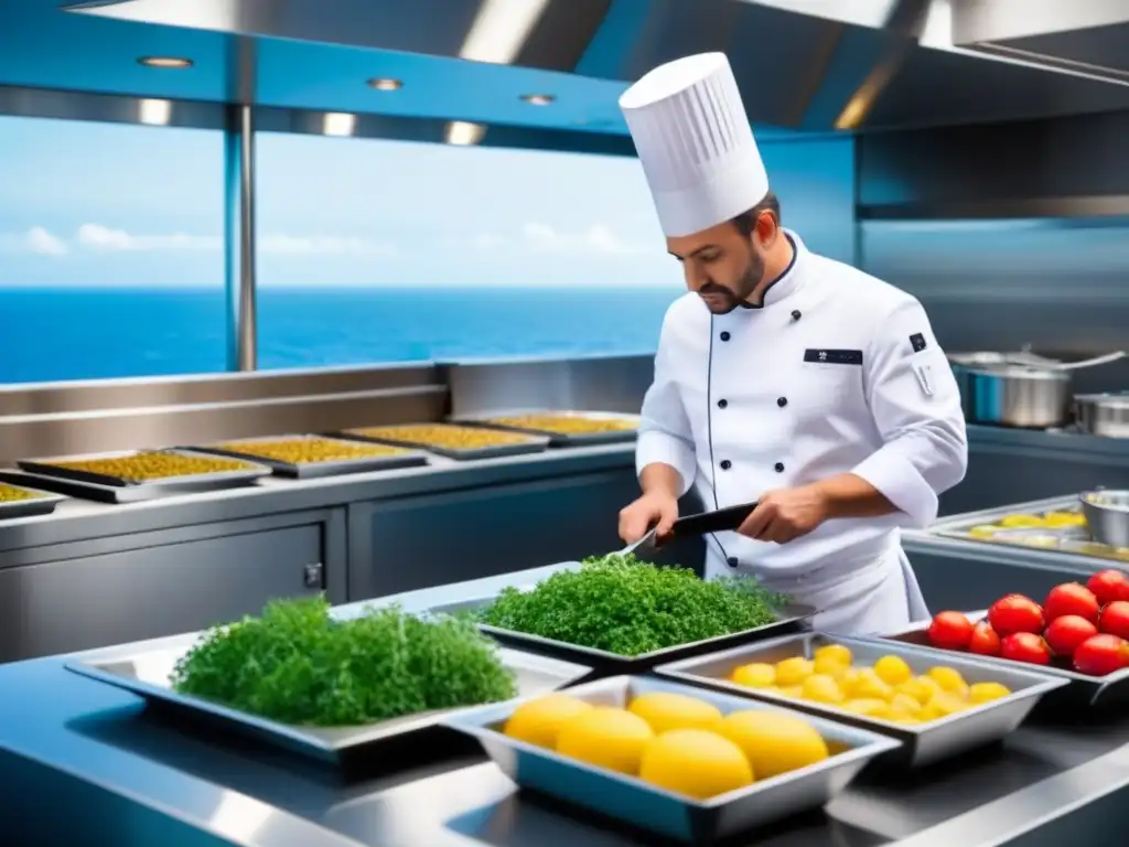 La cocina ecoamigable de un crucero de lujo, donde chefs preparan platillos exquisitos con ingredientes frescos y locales