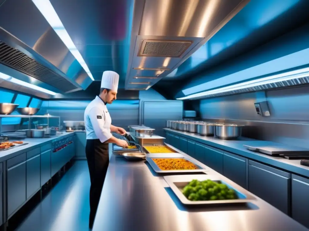 Una cocina futurista en un crucero, chefs usan técnicas culinarias vanguardia entre equipo avanzado y ambiente moderno