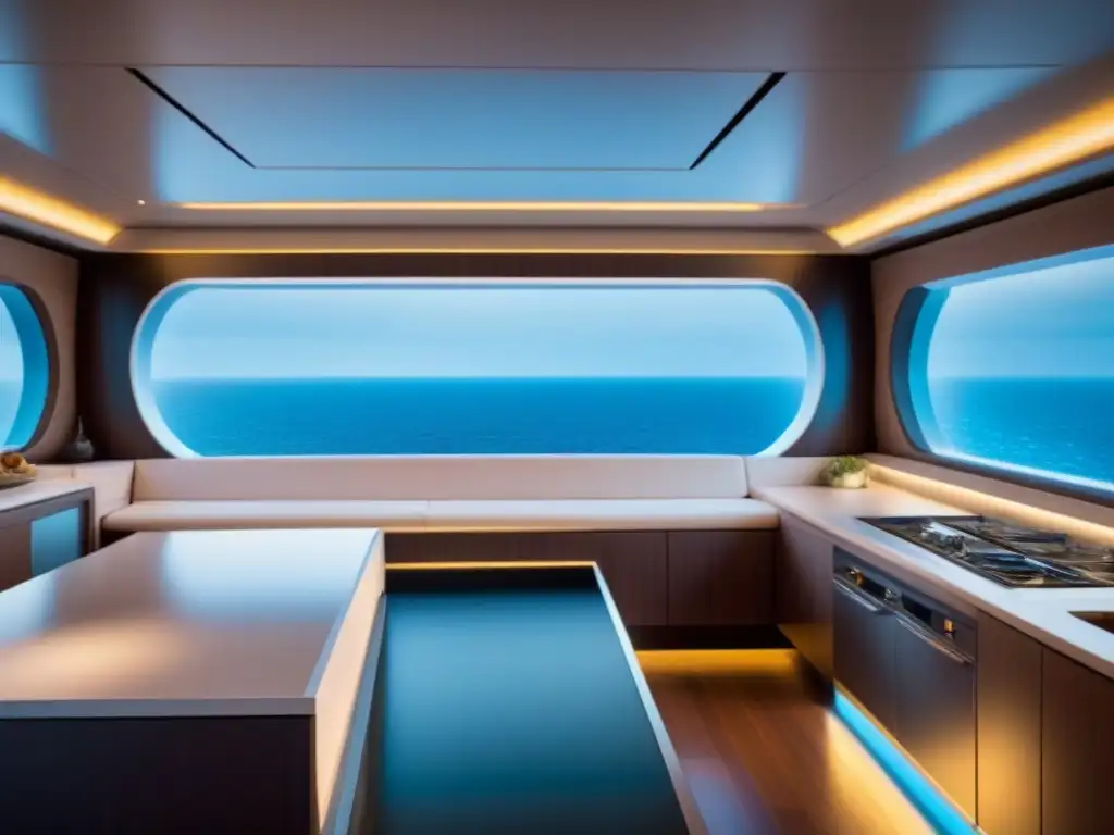 Cocina futurista en crucero con robots preparando platillos gourmet, vista al mar