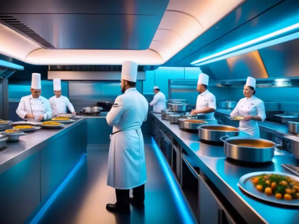 Cocina futurista de restaurante en crucero con chefs en técnicas culinarias vanguardia