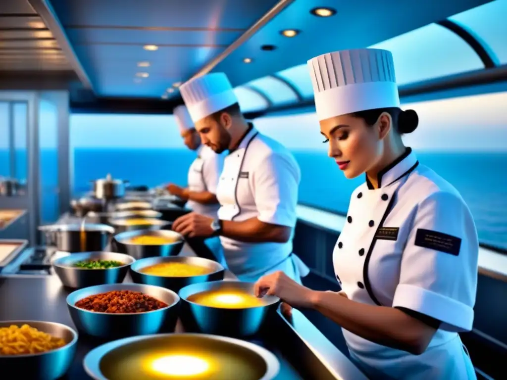 Cocina innovadora en crucero de alta mar: chefs preparando platos elegantes con tecnología de vanguardia y vistas al océano