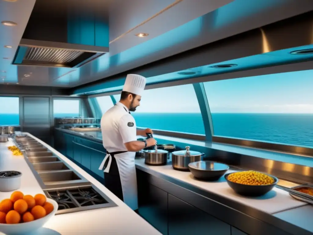 Cocina internacional en cruceros de lujo: Chefs preparan platos gourmet en un entorno elegante con vista al mar