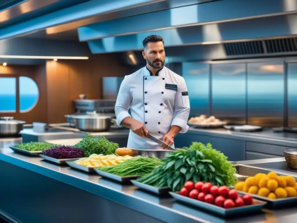 Cocina local en cruceros marítimos: Cocina moderna en un barco con ingredientes frescos, chefs expertos y vista al mar