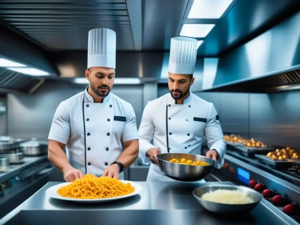 Cocina local en cruceros marítimos: Cocina moderna y elegante en un barco, chefs preparando platos locales frescos