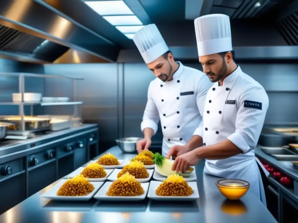 Cocina de lujo en crucero con chefs preparando platos exquisitos, técnicas culinarias vanguardia restaurantes cruceros